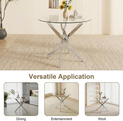 35.5 Inch Round Glass Dining Table, Modern Kitchen Table with 8mm Tempered Glass Top Chrome Metal Legs, Small Round Dining Table for 2–4 People Kitchen Dining Room Apartment