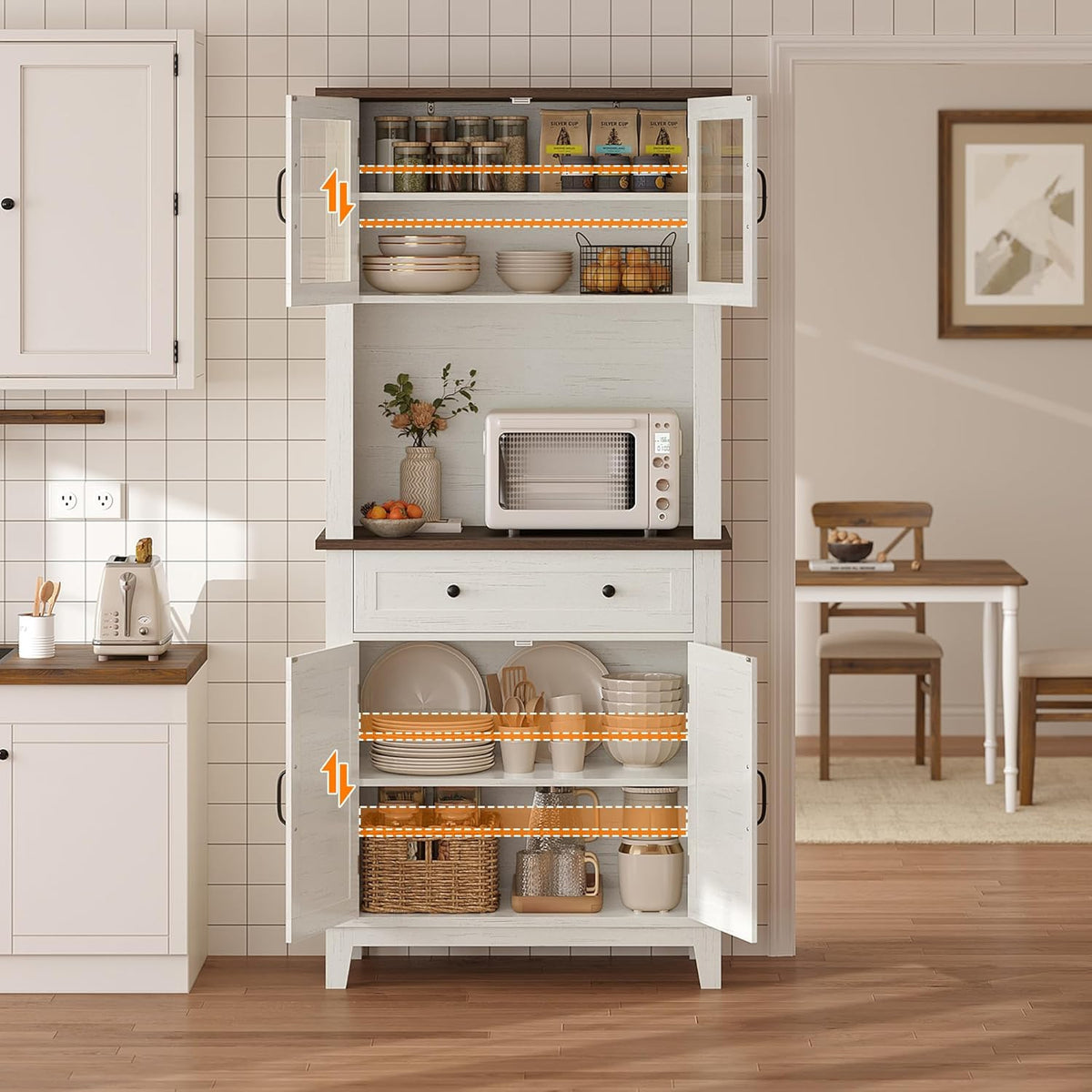 Garvee 72 in Tall Kitchen Pantry Cabinet, Kitchen Hutch Bar Cabinet with Microwave Stand, Cupboard with Drawers Glass Doors for Dining Room, Living Room, White