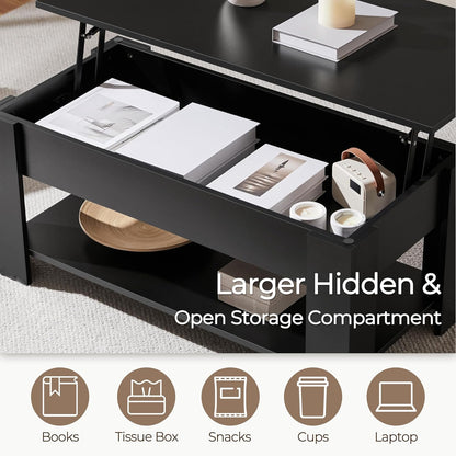 Yaheetech Wooden Coffee Table, Lift Top Coffee Table with Large Hidden Storage Shelf, Lift Tabletop Dining Tables for Living Room, Home Small Space, 38.6in, Black