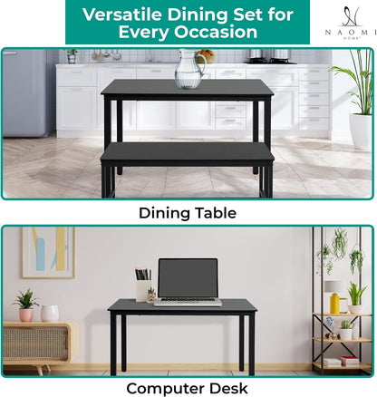 Naomi Home Space Saving 3 Piece Dining Table Set for Apartments & Small Spaces, Benches Tuck Under, Durable MDF & Steel Frame, Waterproof & Heat Resistant Kitchen Nook Set