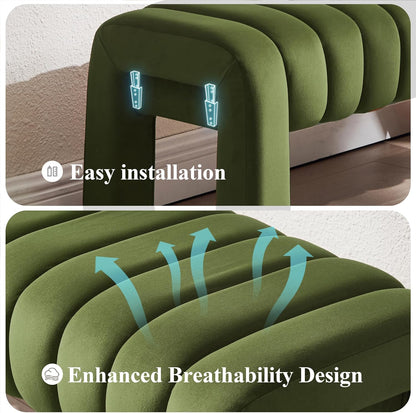 63’’ Bedroom Bench, Upholstered End of Bed Bench with Solid Wood Legs, Modern Dining Bench with Full Covered Fabrics for Entryway, Bedroom, Living Room (Green, Velvet)