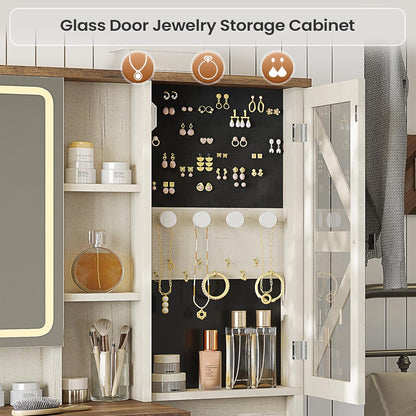 AOGLLATI Farmhouse Vanity Desk with Mirror and Lights, Makeup Vanity Set with Lights & Jewelry Cabinet & 5 Drawers, Vanity Table with Charging Station, Hidden Storage Space for Bedroom, Antique White