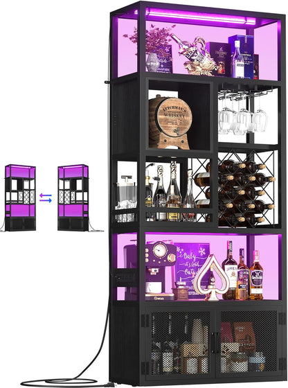 Armocity 82.6" Tall Bar Cabinet with Power Outlets & LED Lights, Liquor Cabinet Bar for Home, Reversible Coffee Station Wine Cabinet with Glass Holder & Wine Rack for Small Space, Black