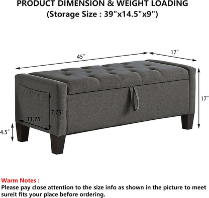Aoowow Linen Bedroom Ottoman Bench with Storage,Tufted Bed End Storage Benches,45" Mid Century Modern Bench with Seating and Storage for Entryway,Living Room,Window,Bedside (Dark Grey, 45")