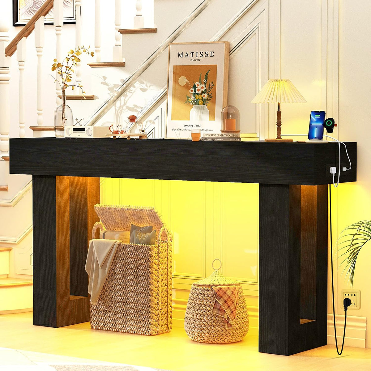 63" Extra-Long Modern Console Table with Charging Station, RGB LED Lights & Storage, Versatile Narrow Sofa Table Behind The Couch, Perfect for Entryway, Hallway or Living Room (Black Light)