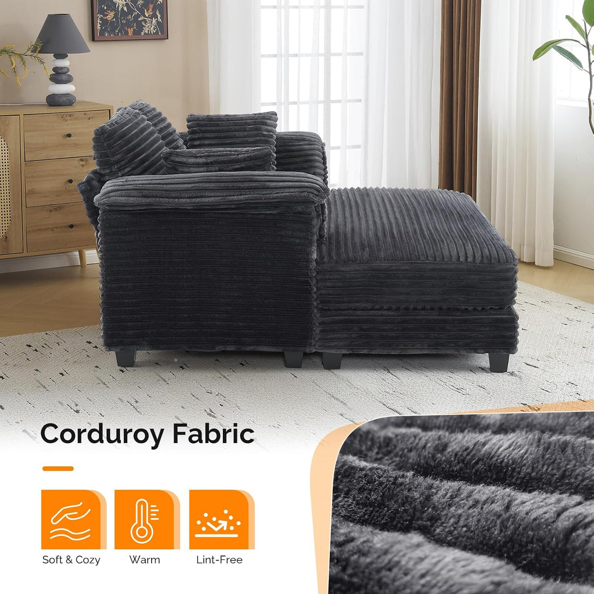 VINGLI 56" Oversized Chaise Lounge Chair, Dark Grey Comfy Corduroy Chaise Sofa Recliner Bed Upholstered Sleeper Couch Bed with Throw Pillows and Armrests for Living Room, Movie Room, Bedroom