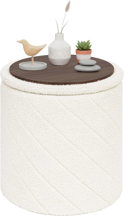 PINPLUS Ottoman with Stroage Round Boucle Ottoman and Tray Sherpa Removable Foot Stool Coffee Table for Dorm, Living Room White, 16.9"x16.9"x17.7"
