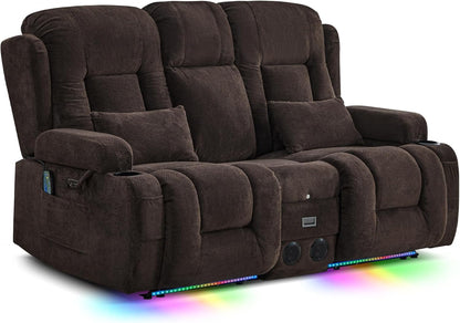 TUNYI Wall Hugger Loveseat Recliner Sofa with Console, Power Reclining Loveseat RV Couch with Massage & Heat/USB/Outlet/Storage/LED Light/Speaker (Brown, 2 Seat with Console)