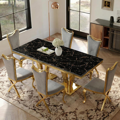 66.9" Dining Table for 4-6,Elegant Kitchen Table with Faux Marble Top Dining Room Furniture with Gold Base MDF Imitaion Marble Grain Top for Kitchen Dining Room/Meeting Room