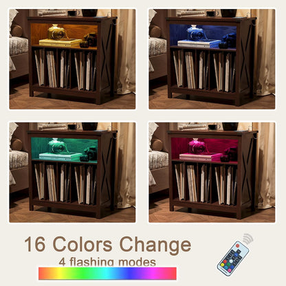 ChooChoo Large Record Player Stand with Charging Station & LED Light, Vinyl Record Holder hold up to 300 Albums, Farmhouse End Table for Bedroom, Living Room, Walnut