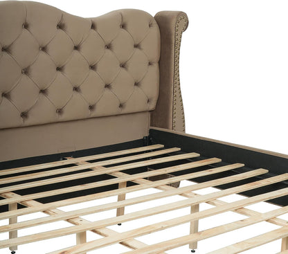Merax Brown King Size Velvet Upholstered Bed Frame with Thick Tufted Wingback Headboard, Retro Classic Style Platform Bed with Sturdy Wood Slatted Support and Legs, No Box Spring Needed, Bear 700lbs