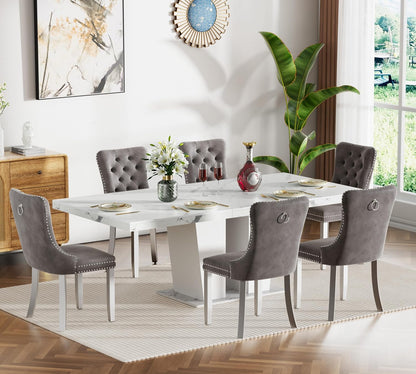 Rustic 7 Piece Dining Table Set, 62.99"-78.74" Extendable Dining Table & 6 Gray Velvet Dining Chairs with Stainless Leg, White Expandable Dining Room Table and Chairs Set