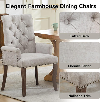 Farmhouse Upholstered Dining Chair Set of 2 with Arms & Nailhead Trim, Tufted Chenille Kitchen Chairs with Solid Wood Legs, Accent Chair for Dining Room, Living Room & Bedroom, Beige