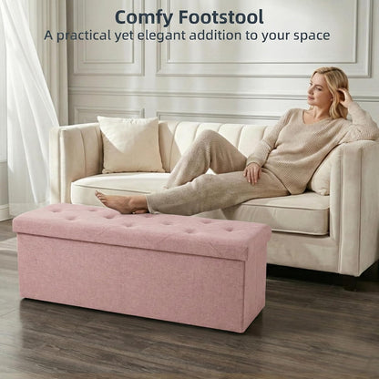 Foldable Storage Ottoman Bench, Storage Chest, End of Bed Foot Rest Stool with Padded Seat, 43 Inch Bedroom Bench for Living Room, Support 660lbs, Pink