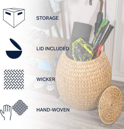 Eyely SSL1000A Noel 17" Bohemian Handwoven Hyacinth Barrel Wicker Storage Basket with Lid Side Table, Accent Table for Bathroom, Bedroom, Living Room, Natural