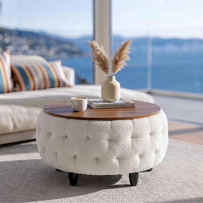 Large Round Storage Ottoman Coffee Table with Wooden Tabletop, 32 Inches Teddy Fleece Tufted Ottoman for Living Room, Bedroom, Apartments (White)