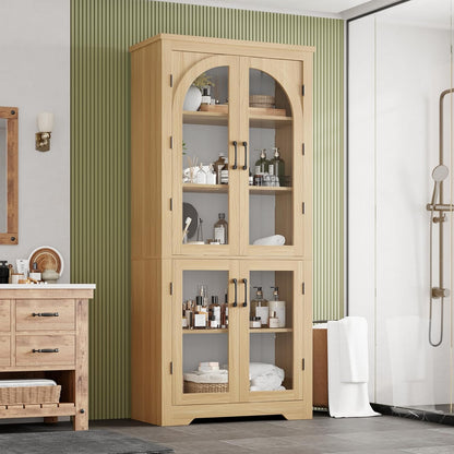 GarveeHome Kitchen Pantry Cabinet - 70" Tall Storage Cabinet with 4 Arched Glass Doors and Adjustable Shelves, Cupboard Organizers for Kitchen, Dining Room, Bathroom, Natural