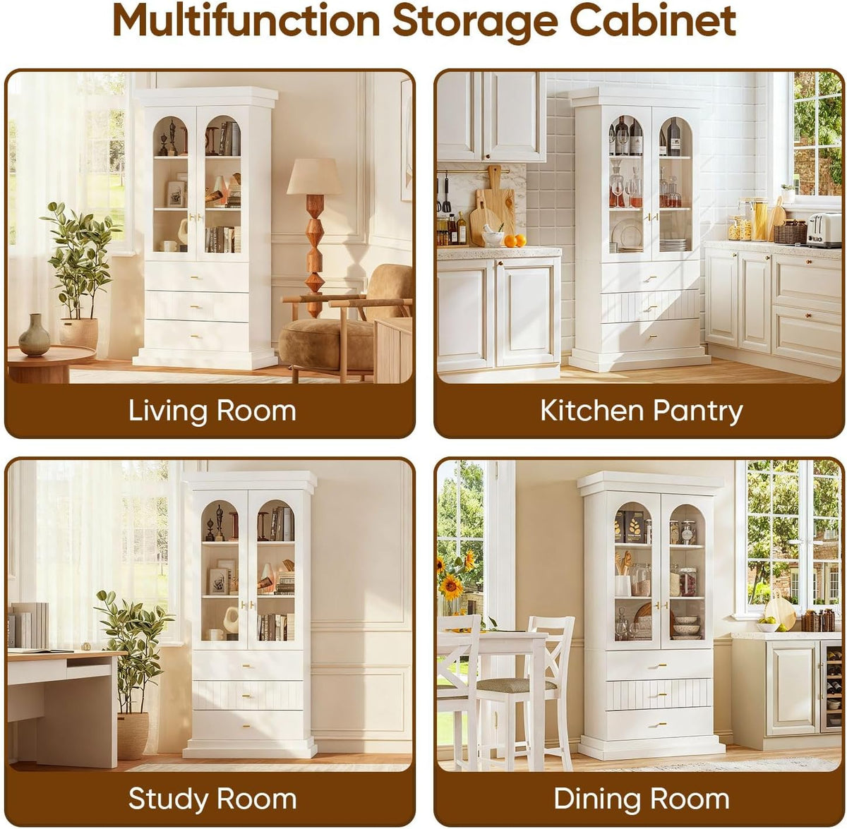 Vyre 71" Arched Kitchen Cabinet with Glass Doors, Tall Display and Storage Cabinet with Drawers for Dining Room or Living Room, Modern Pantry Cabinet with Gold Handles, White
