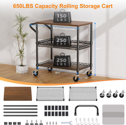 NTE Rolling Kitchen Carts on Wheels, 650Lbs Capacity 3 Tier Utility Cart with Wood Tabletop, Kitchen Storage Cart with 8 Hooks, Metal Serving Cart with Handle and Shelf Liners for Kitchen, Black