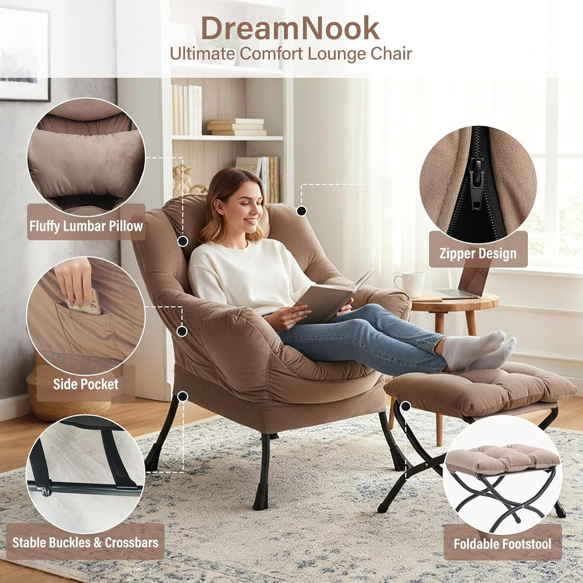 Lazy Chair with Ottoman, Comfy Chair with Pillow，Pure Khaki