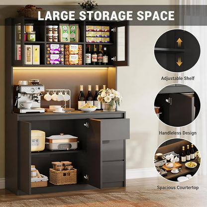 71" Kitchen Pantry Cabinet,Tall Storage Cabinet with Doors & Shelves Adjustable, Kitchen Storage Hutch with Microwave Shelf,Coffee Bar,Led Lights&Charging Station,Corner Pantry Cabinet for Living Room