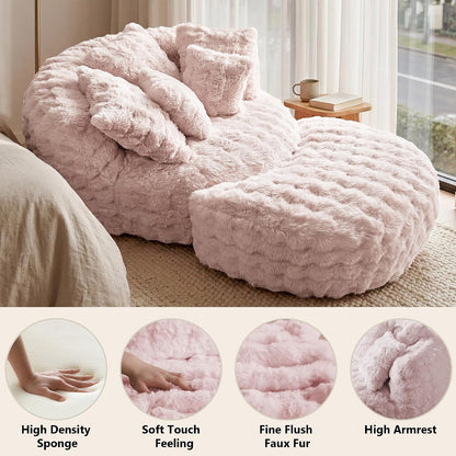 55" W x 75" D Oversized Chaise Lounge Chair Indoor with Ottoman,Pink | 38D Sponge,Round Reading Chair Luxury Plush Cloud Circle Sleeper for Living Room Bedroom, 5 Pillows,Faux Fur