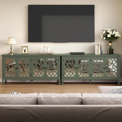 Fansafurn 63" Carved Buffet Cabinet with Mirrored Door, Modern Console Table with Storage and Adjustable Shelves, Wood Media Sideboard for Entryway, Living Room, Bedroom, Dining Room, Bathroom (Green)