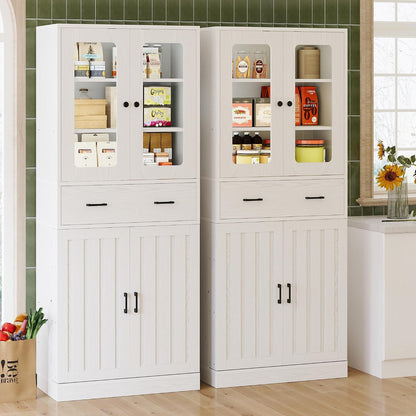IRONCK 74.8" Tall Kitchen Pantry, Storage Cabinet with LED Lights, Kitchen Cabinet with Acrylic Glass Door, Drawer and Adjustable Shelves, for Dining Room, White