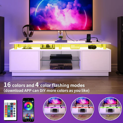 YITAHOME Modern TV Stand with Mount, Media Console with LED Light, White | Entertainment Center with 2 Storage Doors & Built-in Power Outlets for 75/70/65 Inch TVs for Living Room