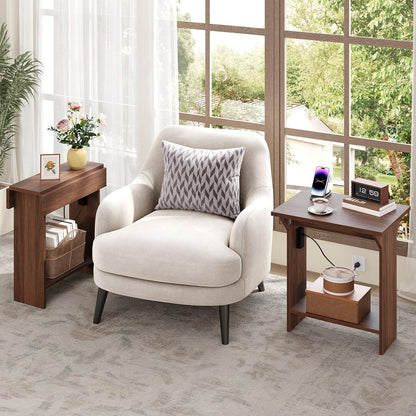 MAHANCRIS End Table with Charging Station, Foldable Narrow Side Table, Narrow Nighstand with Folding Top, Small Side Table for Small Spaces, for Living Room, Bedroom, Walnut ETZB74E01