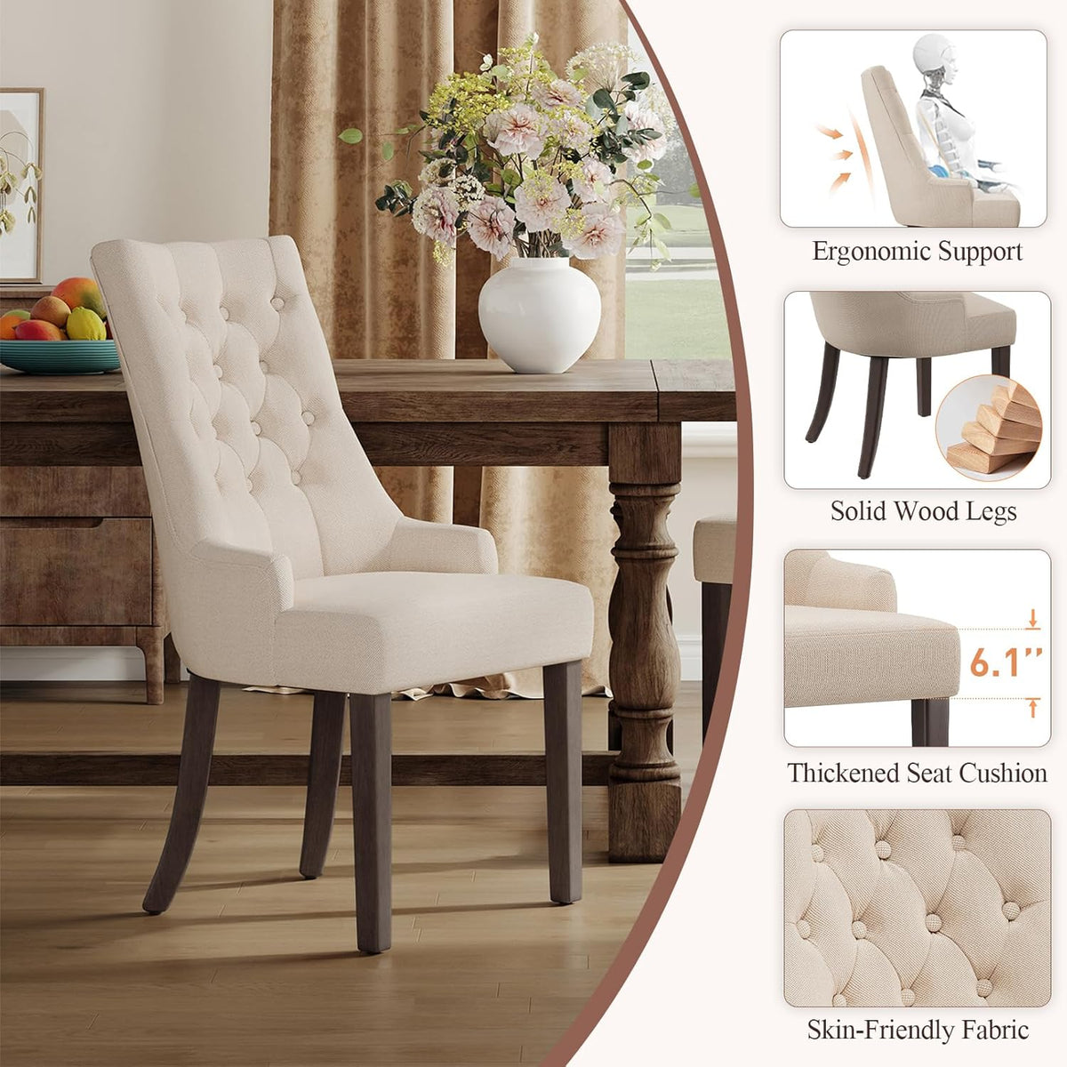 COLAMY Wingback Upholstered Dining Chairs Set of 6, Fabric Side Dining Room Chairs with Tufted Button, Living Room Chairs for Home Kitchen Resturant- Beige
