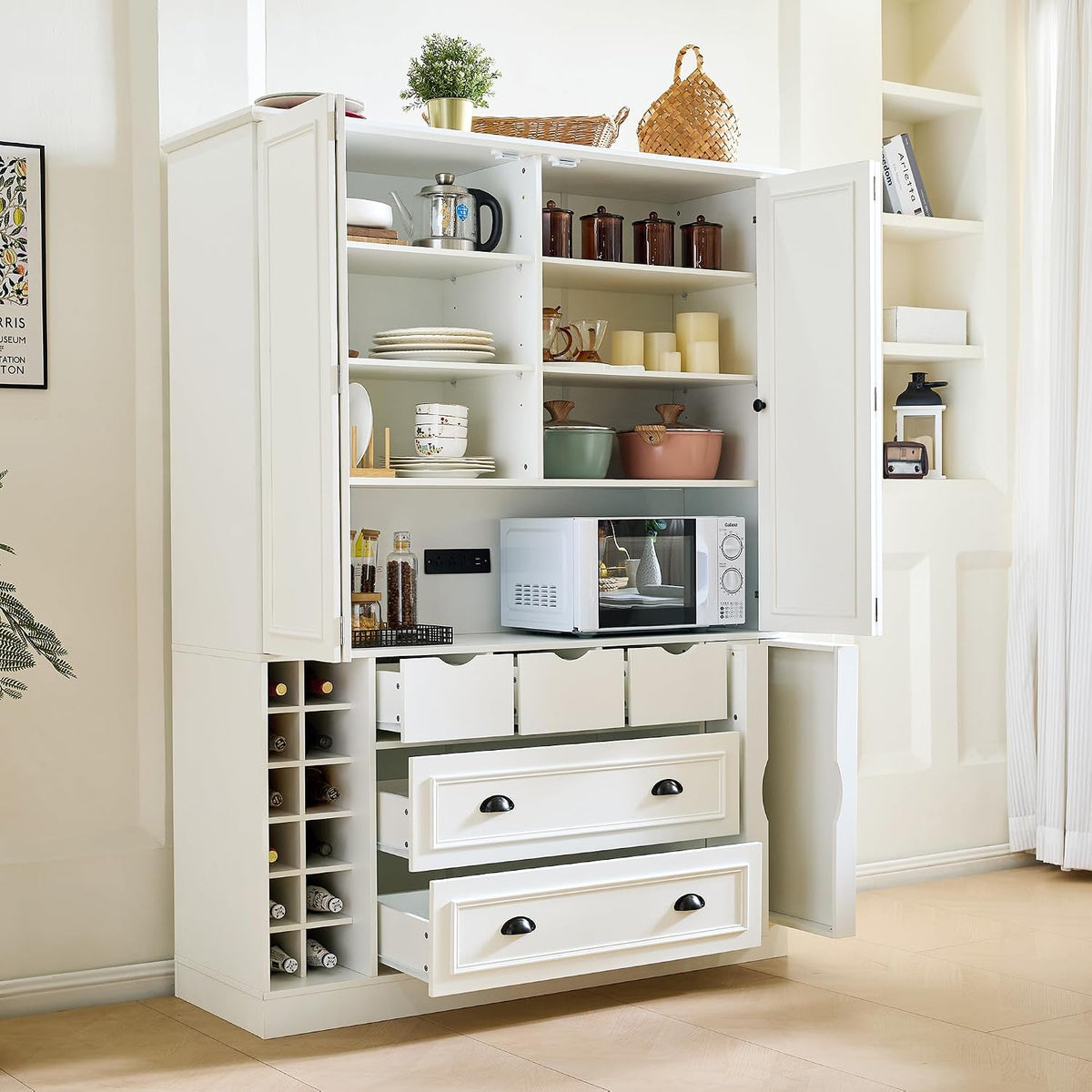 Farmhouse Kitchen Pantry, Sideboard with Power Outlet, Shelves, White | Spacious 53.2"L x 17.7"W x 71"H floor cabinet with 4 foldable doors, built-in power outlet, wine racks, and serving trays