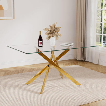 Glass Dining Table for 4-6, Contemporary Rectangular Dining Room Table with Tempered Glass Top & Gold Finish Metal Legs, Modern Elegant Dining Table for Home Kitchen