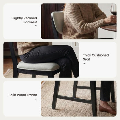COLAMY Solid Wood Dining Chairs Set of 6, Mid Century Modern Upholstered Kitchen Chairs with 3.3" Thick Cushion, Farmhouse Dining Room Chairs with Level Legs & Wire-Brushed Finish, Black