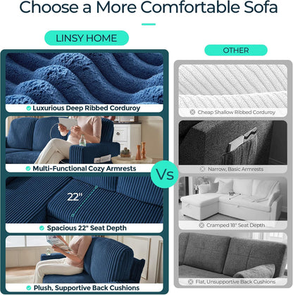 LINSY HOME Sectional Couches for Living Room, 81" U Shape 6 Seats, Blue | Sleeper sofa with pull out couch bed, corduroy couch with storage