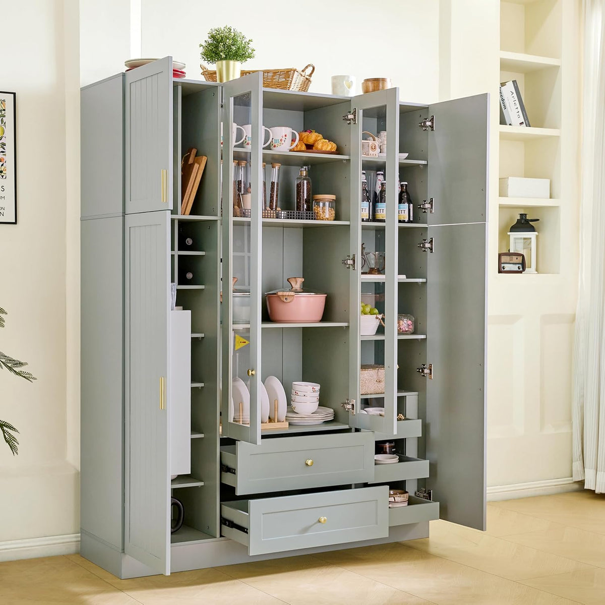 Virubi Modern Large Kitchen Pantry with 6 Doors, 53.2" L x 17.7" W Storage Cabinet - Adjustable Shelves, Pull-Out Trays, Wine Rack & Drawers for Dining Room/Kitchen Organization (Green)