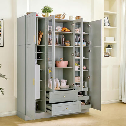 Virubi Modern Large Kitchen Pantry with 6 Doors, 53.2" L x 17.7" W Storage Cabinet - Adjustable Shelves, Pull-Out Trays, Wine Rack & Drawers for Dining Room/Kitchen Organization (Green)