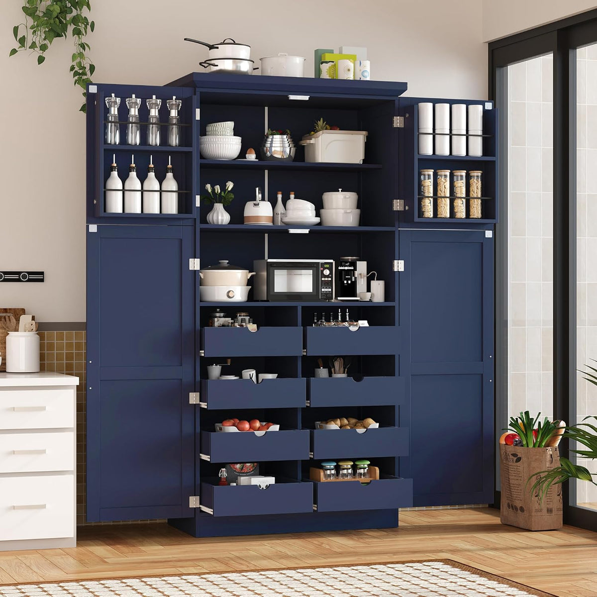 roomfitters 71 Inch Freestanding Kitchen Pantry with 8 Pull-Out Trays and Door Shelves, Shaker Cabinet, Blue