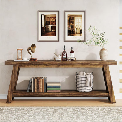 70.9" Extra Long Entryway Table, Farmhouse Wood Console Table with Storage, 2-Tier Narrow Sofa Table Behind Couch for Living Room, Hallway, Entrance, Foyer, Rustic Brown