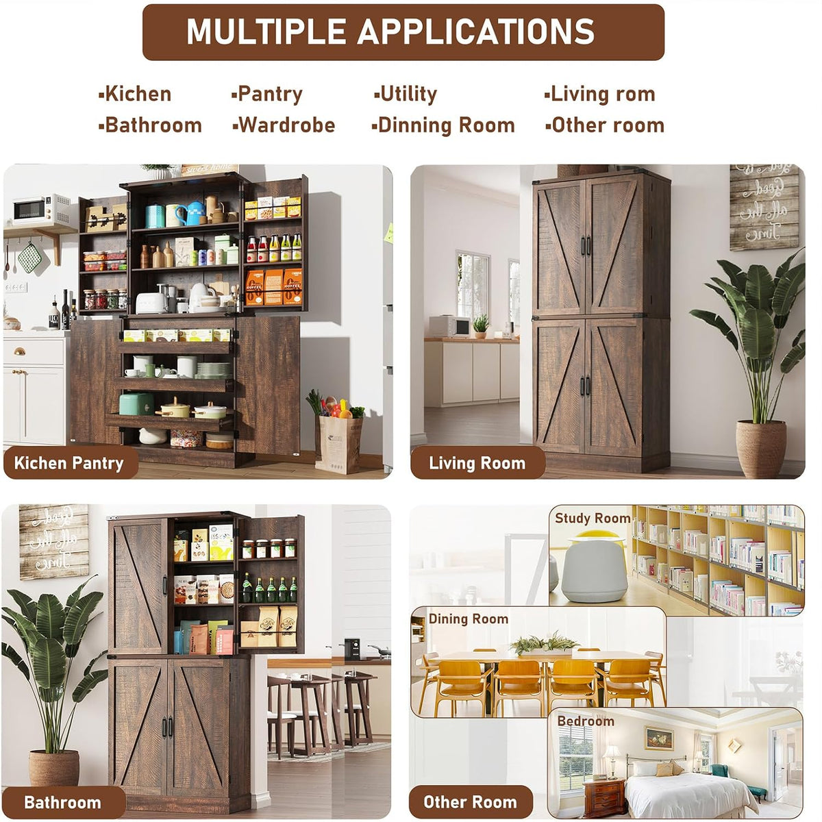 Hlivelood Farmhouse Kitchen Pantry Cabinet with 3 Drawers,71" Tall Rustic Wood Storage Cabinet with 6 Door Shelves,with Load-Bearing Steel Pipe,Pantry Organizers for Kitchen,Dining Room(Rustic Brown)