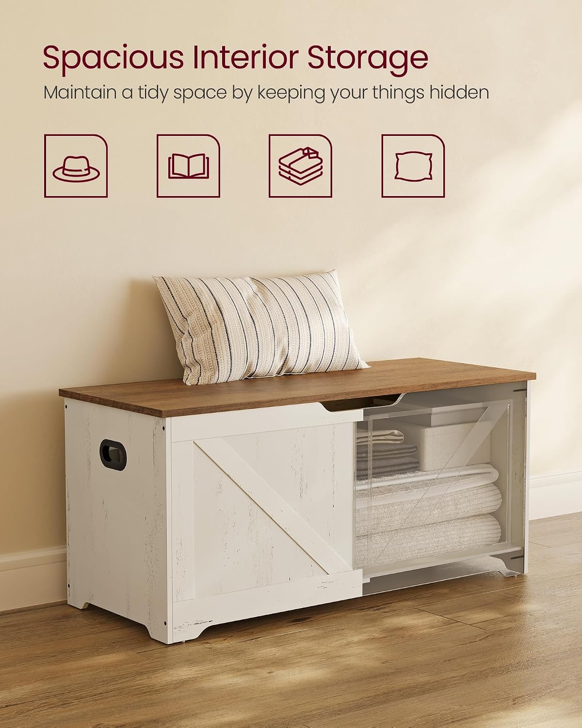 VASAGLE Storage Chest, Storage Bench with 2 Safety Hinges, Farmhouse Style, 15.7 x 39.4 x 18.1 Inches, for Entryway, Bedroom, Living Room, Honey Brown and Rustic White ULSB060WJ01S