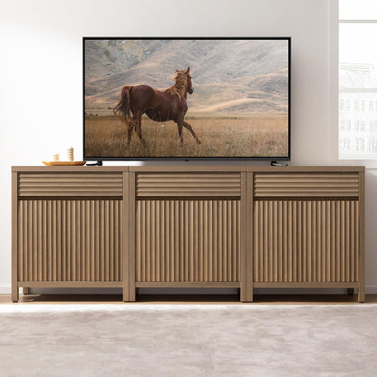 SICOTAS 87" Extra Large Buffet Cabinet with Storage, Modern Fluted Sideboard Cabinet with Drawers & Adjustable Shelves, Premium Credenza for Large Spaces, Reclaimed Caramel Oak, 3 PCS