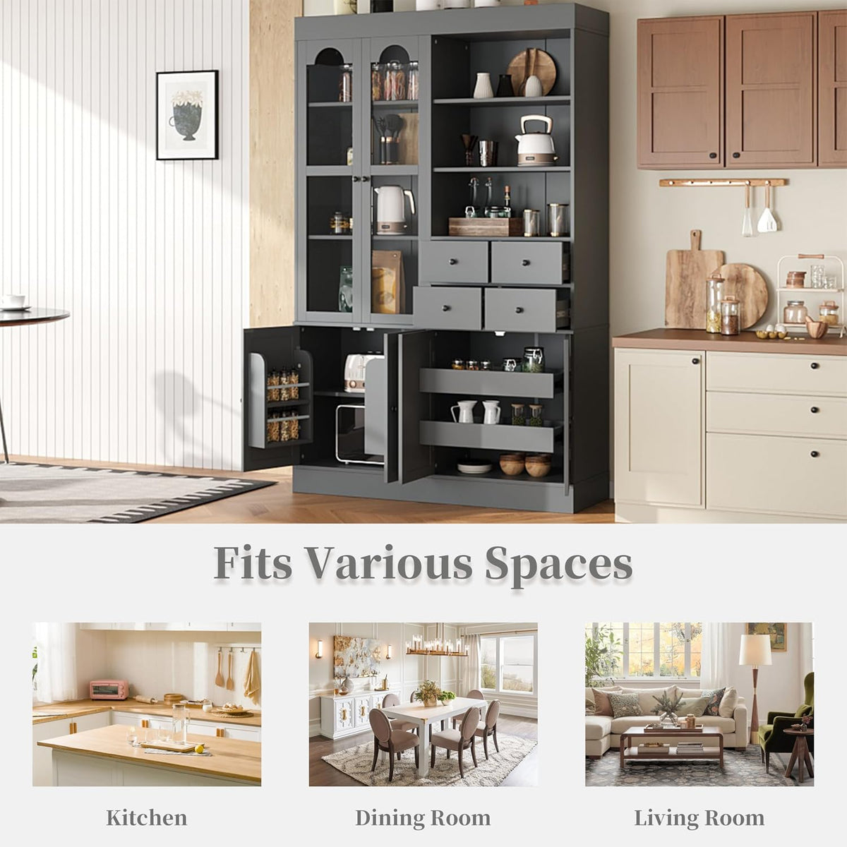 Freestanding Kitchen Pantry Cabinet with Drawers, Shelves, Gray | Freestanding tall buffet with 4 drawers, door shelves, pull-out trays, 47.2x15.7x75 inches, gray finish, for dining room