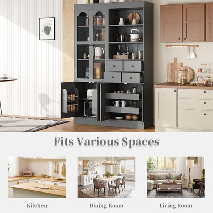 Freestanding Kitchen Pantry Cabinet with Drawers, Shelves, Gray | Freestanding tall buffet with 4 drawers, door shelves, pull-out trays, 47.2x15.7x75 inches, gray finish, for dining room