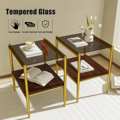 ODUSE-DAILY Coffee Table and End Table 3 Piece Living Room Set, Gold Metal Frame Glass Top End Tables, Square Top Shelf, Sofa or Couch Side Tables, Mesa de Centro para Sala (3 Pcs)