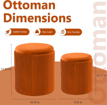 Royal Windsor Round Ottoman with Storage Set of 2, Storage Vanity Stool | Velvet Upholstered Round Storage Ottoman, Ottoman Coffee Table, Small Foot Stool for Living Room & Bedroom, Orange