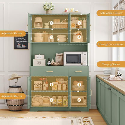 HOSTACK 71"H Kitchen Pantry Storage Cabinet, Farmhouse Hutch Cabinet, Green | Space-Saving Pantry Cabinet with Charging Station & 2 Large Drawers & Adjustable Shelves, Tall Kitchen Hutch, Dining Room