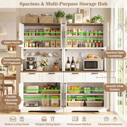 Unikito 71" Tall Kitchen Pantry Cabinet with Microwave Countertop, 63" Wide Pantry Storage Cabinet with Charging Station & LED Lights,Large Kitchen Hutch Cabinet with Drawers for Dining Room, White