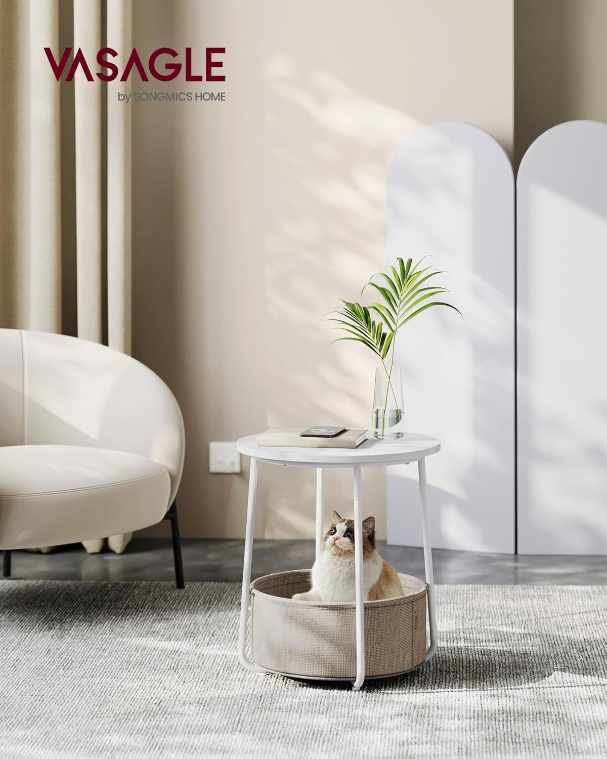 VASAGLE LILEA Collection - Small Round Side End Table, Modern Nightstand with Fabric Basket, Matte White and Camel Brown ULET223W10