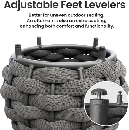 Round Patio Ottoman: Woven Textilene Rope Footstool with φ15.8'' Cushion, Aluminum Frame Footrest, All-Weather Foot Rest for Balcony Garden Deck Outdoor, No Assembly, Dark Gray